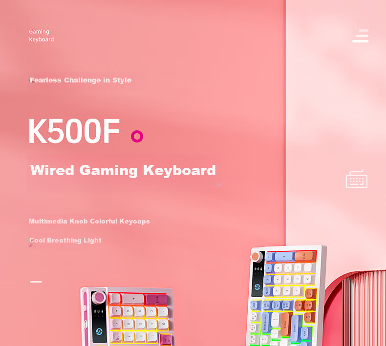 HP K500F Mechanical Feel Wired Keyboard, Quiet Multifunctional Knob for Office And Gaming, Compatible with Desktop Computers And Laptops, Pink And White Color, 98-Key Layout 1