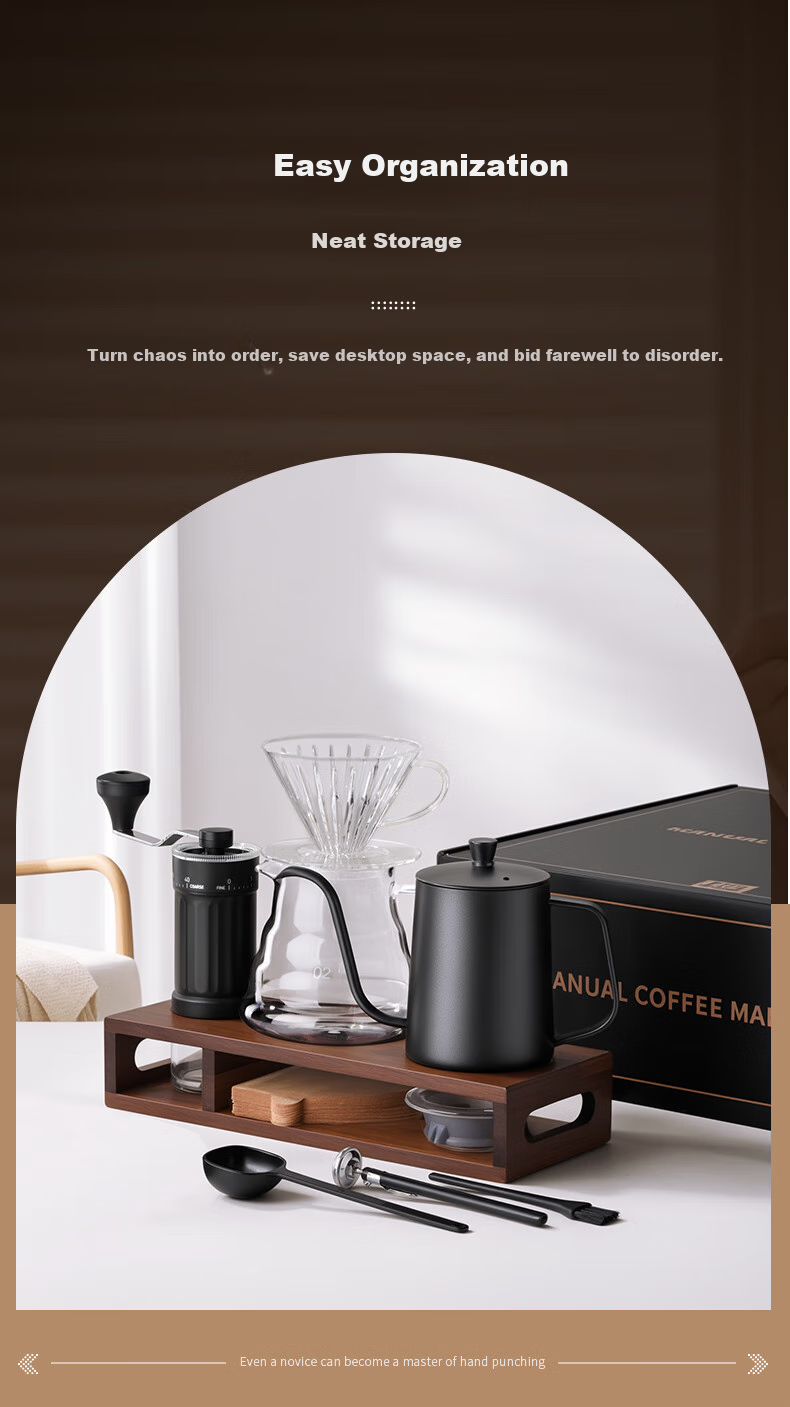 CLITON Pour-Over Coffee Maker Set with Hand Grinder, Manual Coffee Mill, Pour-Over Kettle, Filter Cup, Wooden Stand, 9-Piece Set 4