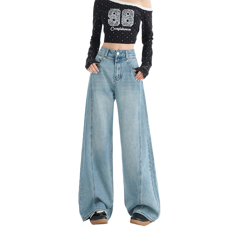 LangSha Vintage Wide-Leg Jeans for Women, Spring Style, Light Blue Patchwork Design, High-Waisted Straight-Leg Draping Floor-Length Pants