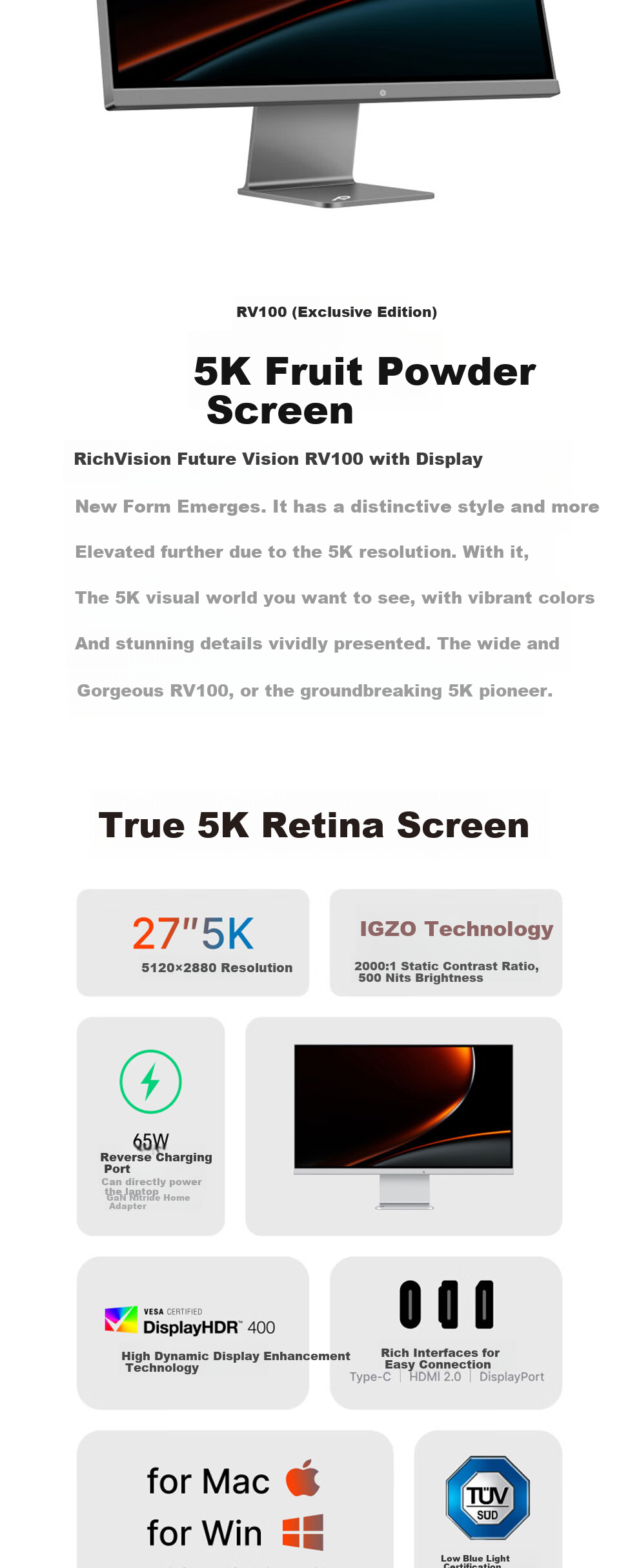 RICH VISION Future Vision 27-inch 4K Monitor 120Hz Dual Mode 240Hz IPS Hardware Low Blue Light Professional Design Editing Apple Color Fan Screen RV200 Turbo 2