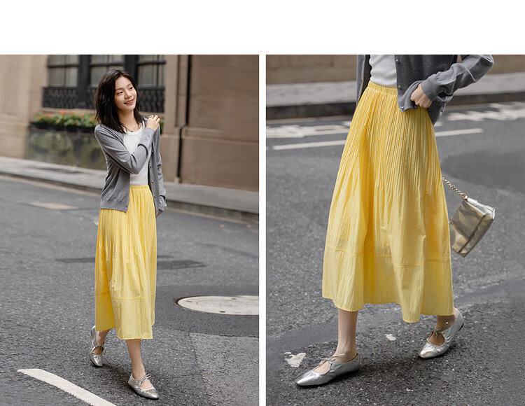 Dme [Lingdong Muxi] Spring French Cloud-Feel Cotton Elastic Waist Pleated A-Line Breathable Midi Skirt for Wome 5
