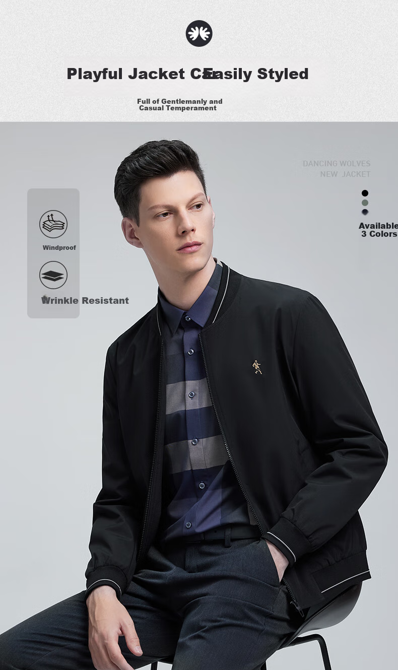DANCING WOLVES [Business Commute] Men's Baseball Collar Casual Basic Jacket, Men's Coat, 001 Black, Size 165 1
