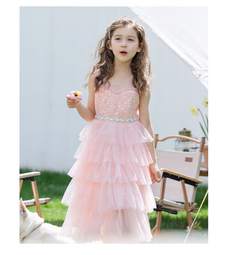 Fulromy Girls' Dress Cake Princess Dress Little Girls Tulle Cake Dress Medium and Large Children's Formal Dress Pink 165 4