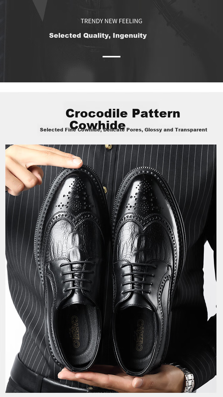 CARTELO Men's Leather Shoes, Brogue Derby Shoes, Business 2026 New Style Casual Genuine Leather Formal Shoes, Height-Increasing British Style Wedding Shoes 2