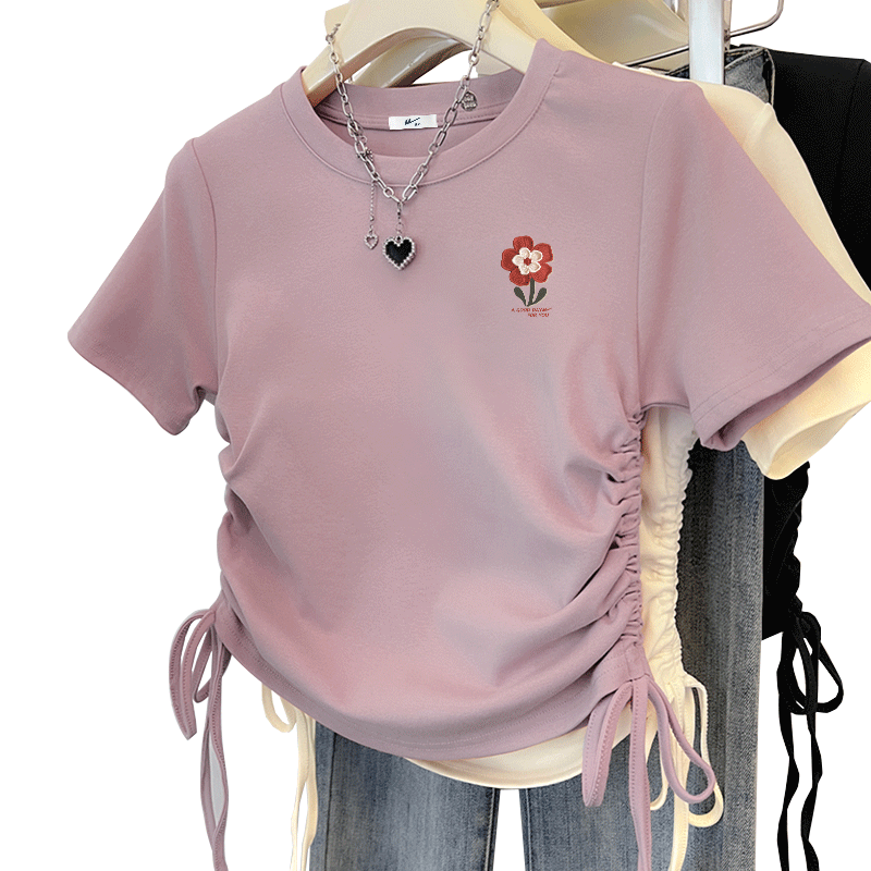 Warrior Red Short Sleeve T-Shirt Women Summer 2026 New Knitted Drawstring Half Sleeve Slim Waist Crop Top