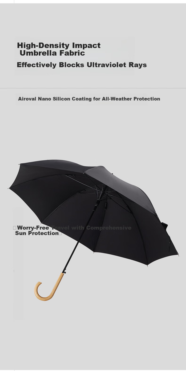 Obsu Dual-Purpose 8-Rib Bamboo Composite Water-Resistant Umbrella with Nano Coating And Long Handle, Black, Semi-Automatic 4