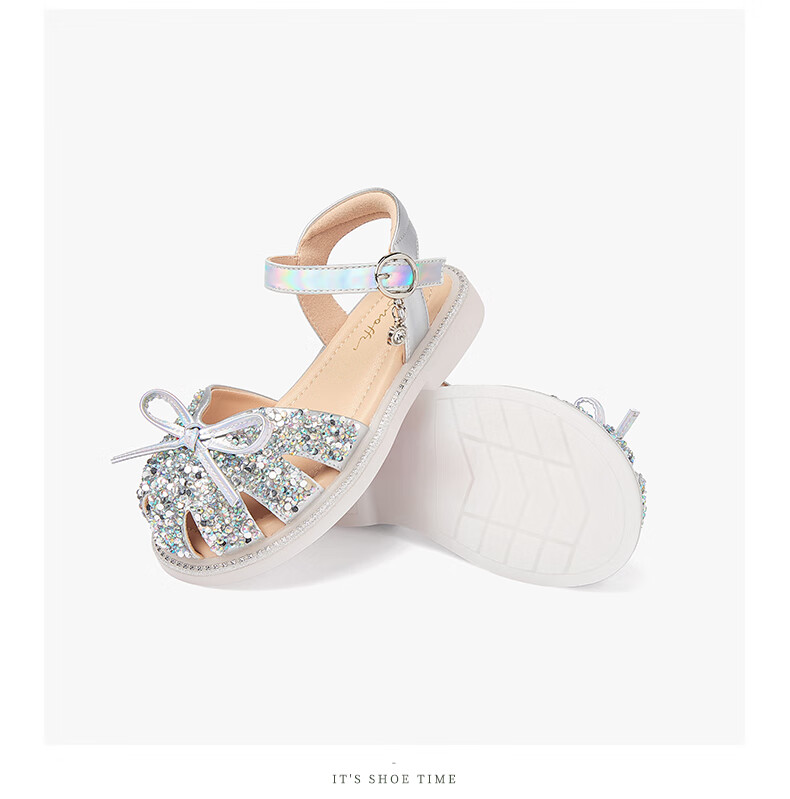 Snoffy Children's Sandals, Girls' Princess Shoes, Summer Fashion, Comfortable And Shiny Crystal Shoes for Little Girls, Colorful European Style, Silver, Size 27 7