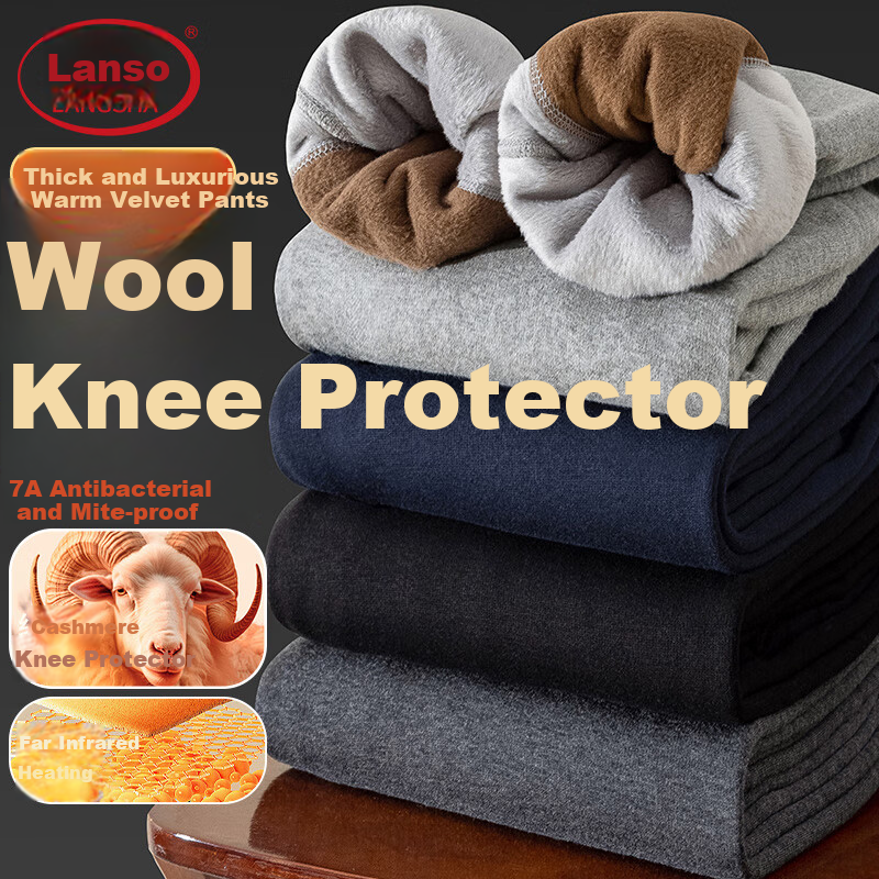 LangSha [Fall New Arrival] Men's Thermal Underwear, Single Piece Wool Knee Protection Cotton Pants, Fleece-Lined Thickened Autumn Winter Long Johns, Black