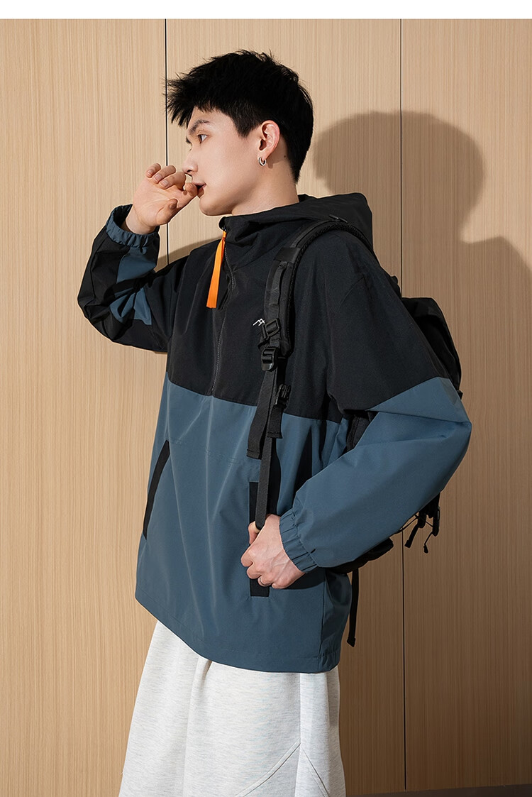 TonLion 2025 Spring Men's Hooded Patchwork Half-Zip Jacket Black XL 9