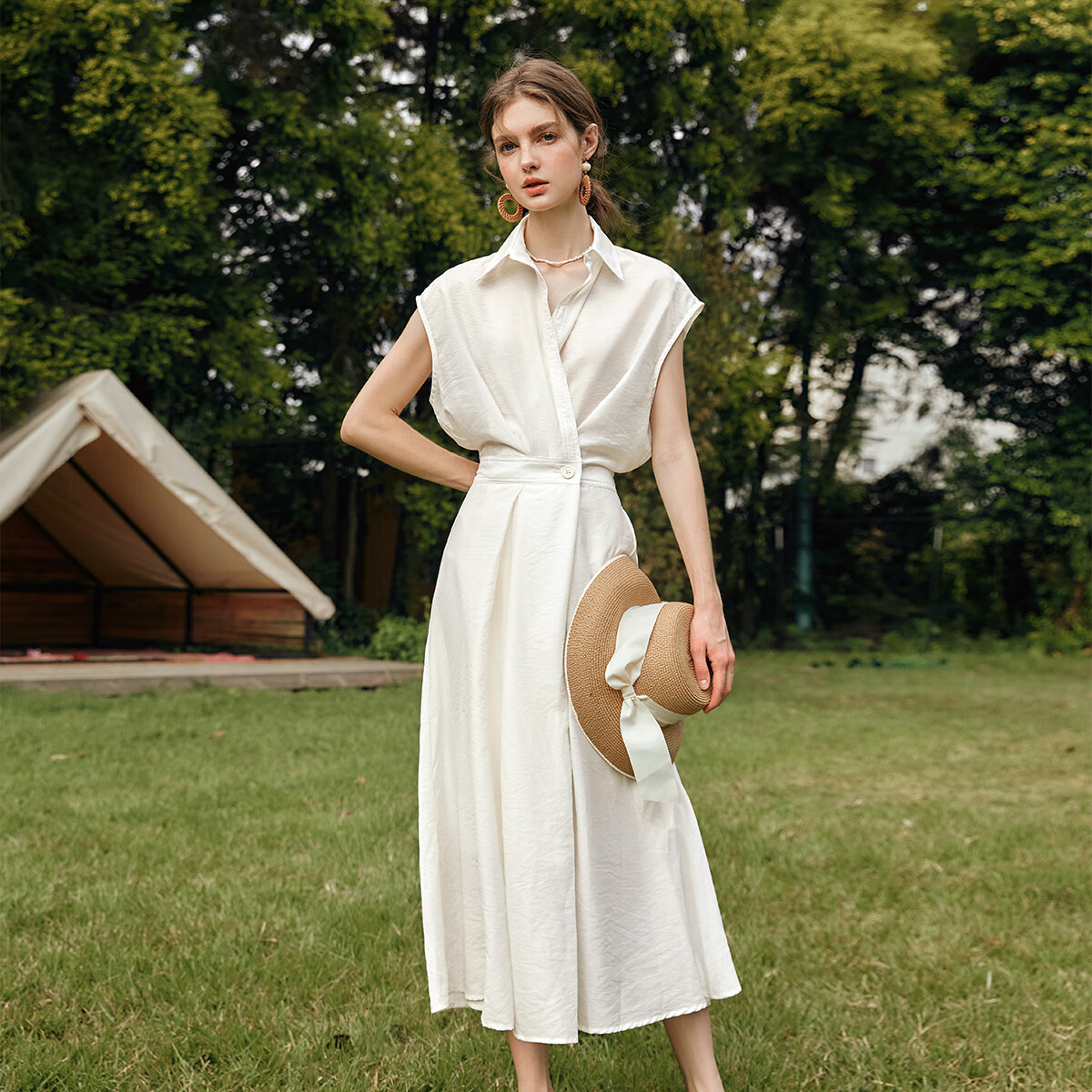 Olrain Eurielle Vintage Shirt-Style Raglan Sleeve Waist-Cinched Dress with Flared Skirt Women Beige L