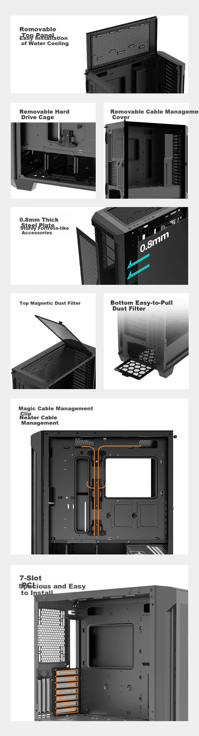 Great Wall Archimedes KM101 Black Case (360mm Radiator Support/Removable Top Panel/Magnetic Flip Door/Type-C/ Cable Management Clips/0.8mm Thick Hardware/5090) 6