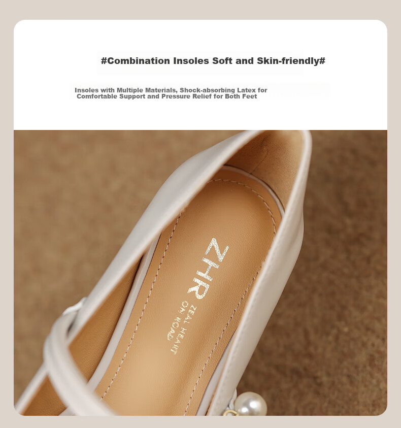ZHR Women's Lambskin Flats, Shallow Mouth, Chunky High Heels, Mary Jane Shoes, Retro Square Toe, Height-Increasing Women's Shoes, CQ61 Beige, Size 39 6