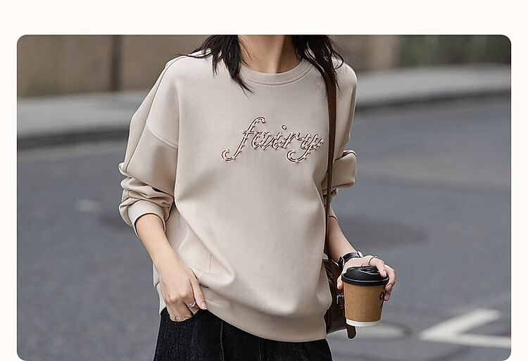 Dme [350G Air Layer] Spring Fashion Round Neck Beaded Letter Embroidery Loose-Fitting Fitted Sweatshirt Women's Top 5