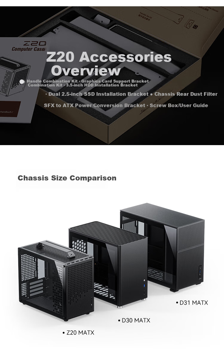 JONSBO Z20 White MATX Case (Approximately 20L, Detachable Handle, 240mm Radiator Support, 163mm Air Cooling, ATX Power Supply, Long Graphics Card, Type-C) 25