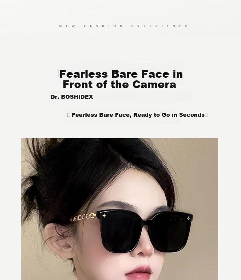 Boshide Sunglasses, Black Square Frame with Chain, Korean Style High-End Sun Protection, Black Gold Frame with Dark Gray Lenses 2