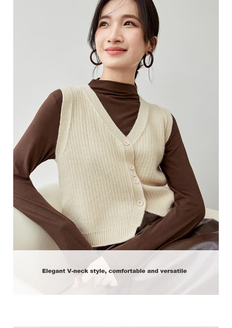 Sentubila Autumn Layered Vest, V-Neck Curved Placket, Single-Breasted Short Sleeveless Waistcoat 3