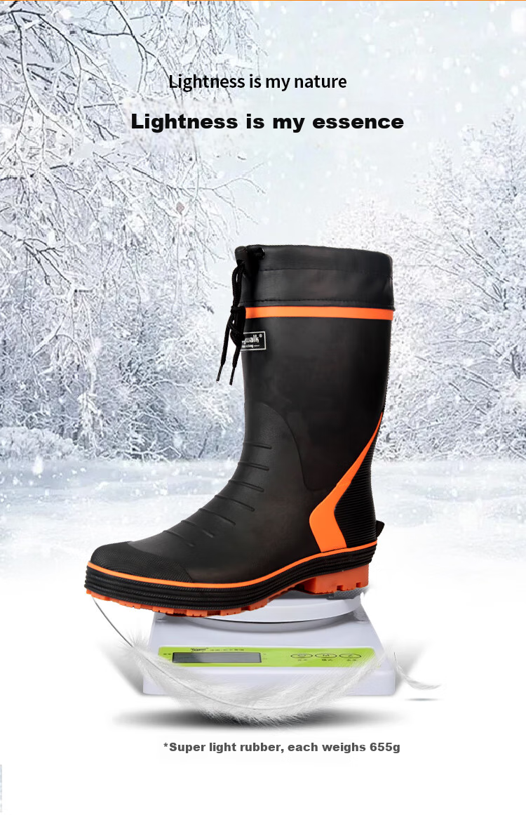 Jolly Walk New Rubber Rain Boots, Outdoor Fishing Waterproof Boots with Protective Cuffs, Black And Orange (New Cowhide Sole), Size 42 8