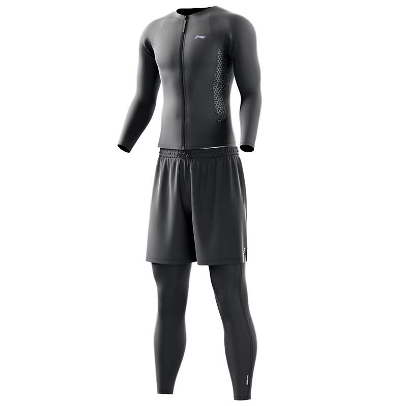 Li-Ning Men's Long-Sleeve Two-Piece Swimsuit, Anti-Embarrassment Jellyfish Suit for Hot Springs, Surfing, And Diving Set 8407 L