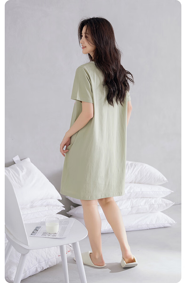 Fenteng Summer Lightweight Short-Sleeve Pure Cotton Loungewear, Plus Size Cute Pajamas, All-Cotton Women's Nightgown, Grass Green, XL 6