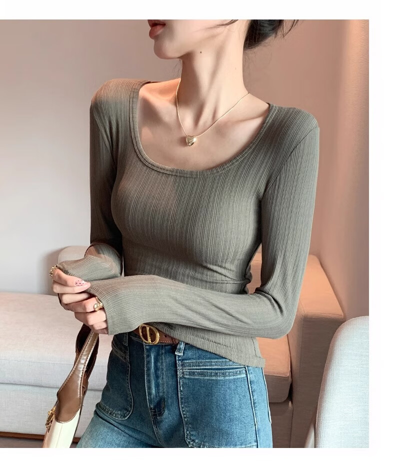Yuzhaolin Women's Basic Long Sleeve T-Shirt Thin Large U-Neck Slim Fit Simple Versatile Top for Spring and Autumn 16