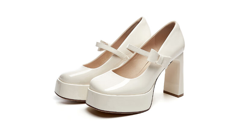 DAPHNE Wedding High Heels for Petite Women Fashionable Chunky Heel Mary Jane Leather Shoes Beige Size 34 15