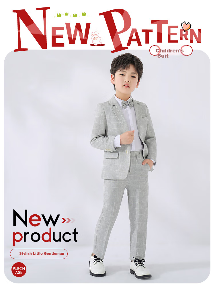 LUOBOBEIBEI Boys' Suit Set, Children's Formal Wear for Spring And Autumn, Plaid Suit, Flower Boy Birthday Outfit, Blue Four-Piece Set, Size 110 2
