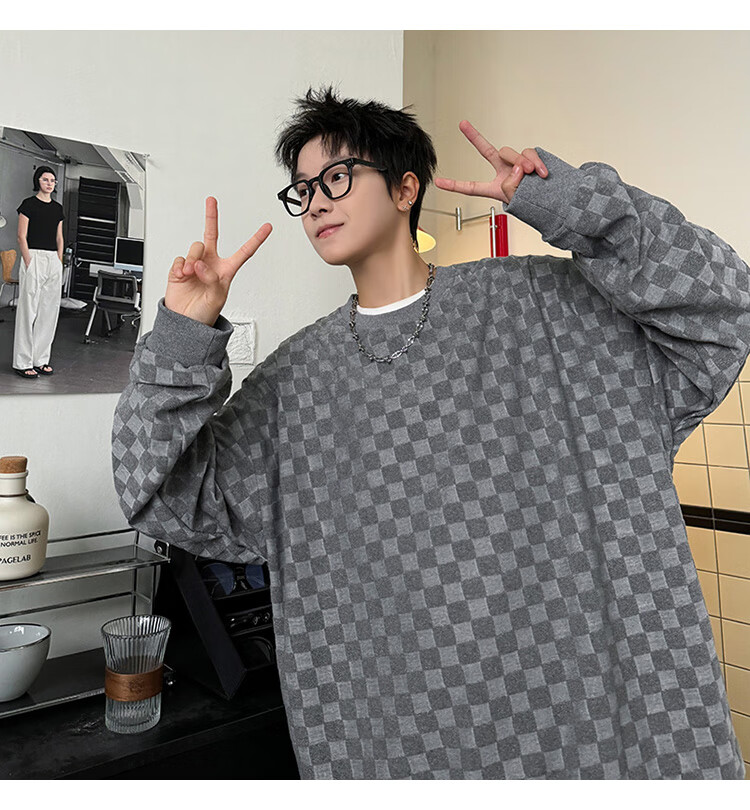 Dingfengbaoluo Japanese-Style Plaid Crew Neck Sweatshirt for Men, Spring Loose-Fitting High-End Casual Base Layer Top DFL77 Black XL 28