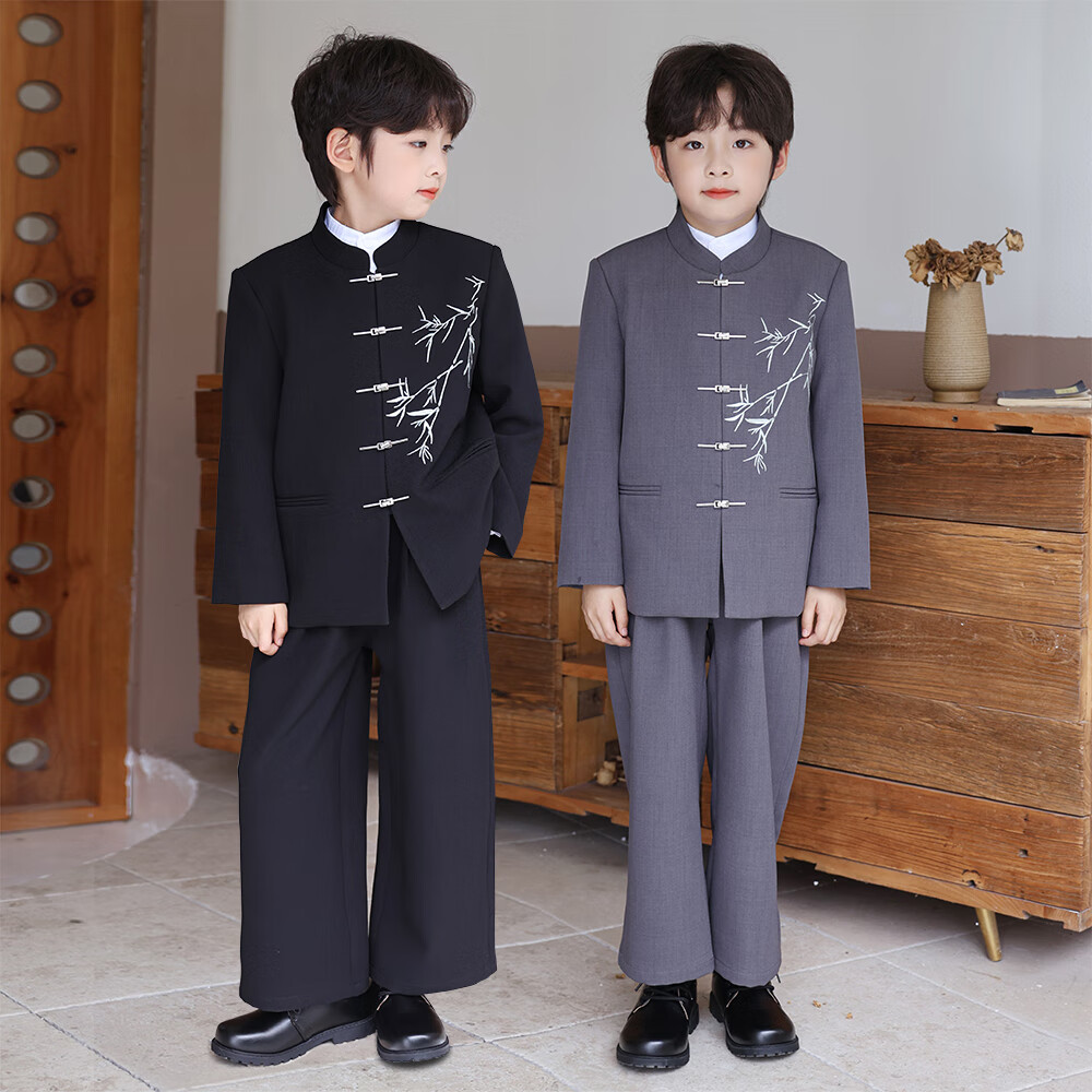LUOBOBEIBEI Boys' New Chinese Style Ethnic Jacket Children's Traditional Tang Suit Performance Outfit Black Two-Piece Set 160