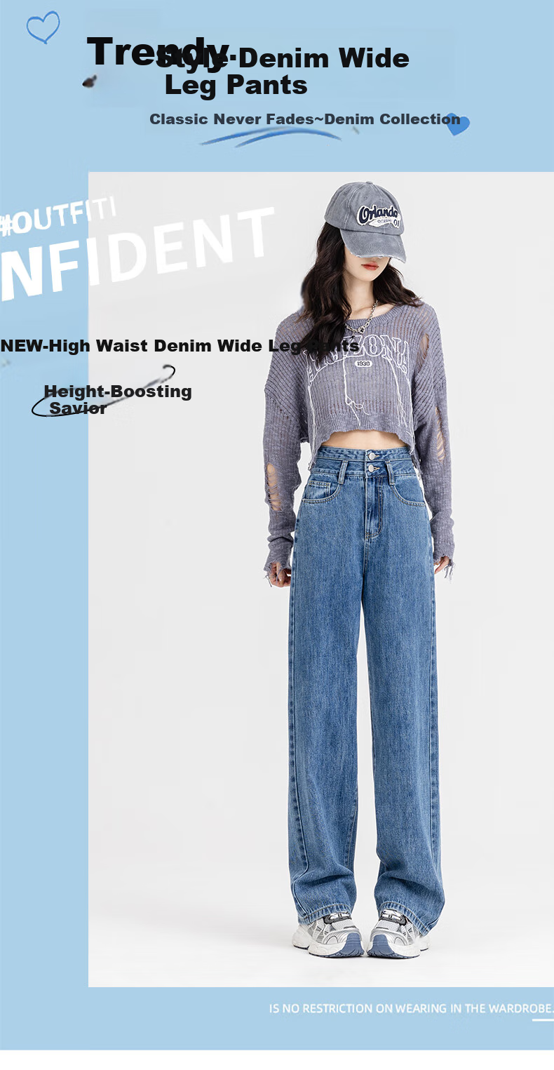 Jeanswest Women's Jeans, Summer High-Waisted Slimming Heightening Design Straight Wide-Leg Floor-Length Pants, Dark Blue, Size M 1