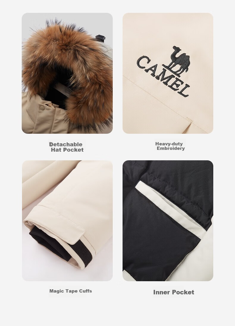 CAMEL Workwear down Jacket, Mid-Length, White Duck Down, Collar, Casual Sports Thickened Coat, Winter Season, M13CAKI038A 43