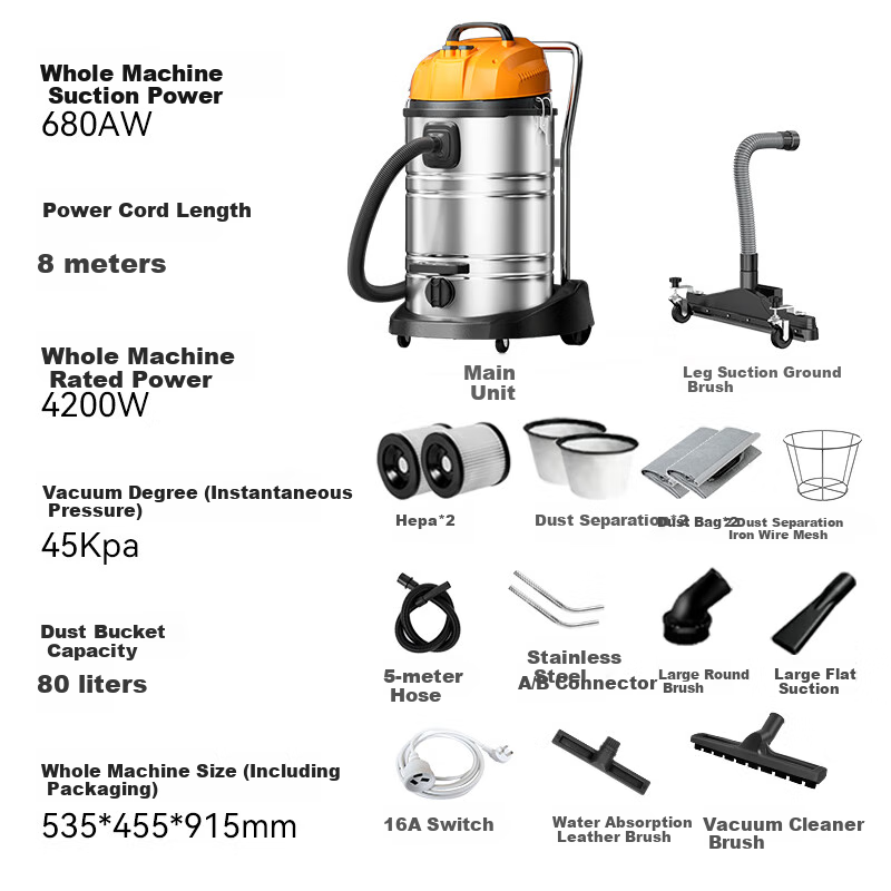 Royalstar Dual-Motor 4200W High-Power Powerful Suction Commercial Industrial 80L Large Barrel Vacuum Cleaner for Hotels, Cleaning Staff And Factories RS-XT420A