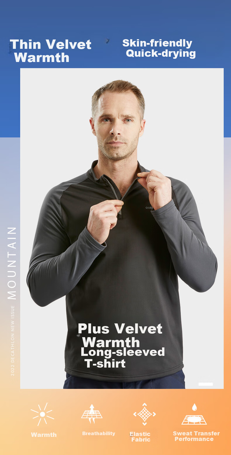 DECATHLON Outdoor Long-Sleeve Warm Quick-Dry Men's T-Shirt, QUECHUA TS FOR100 MEN, Black, 2115314, S 1