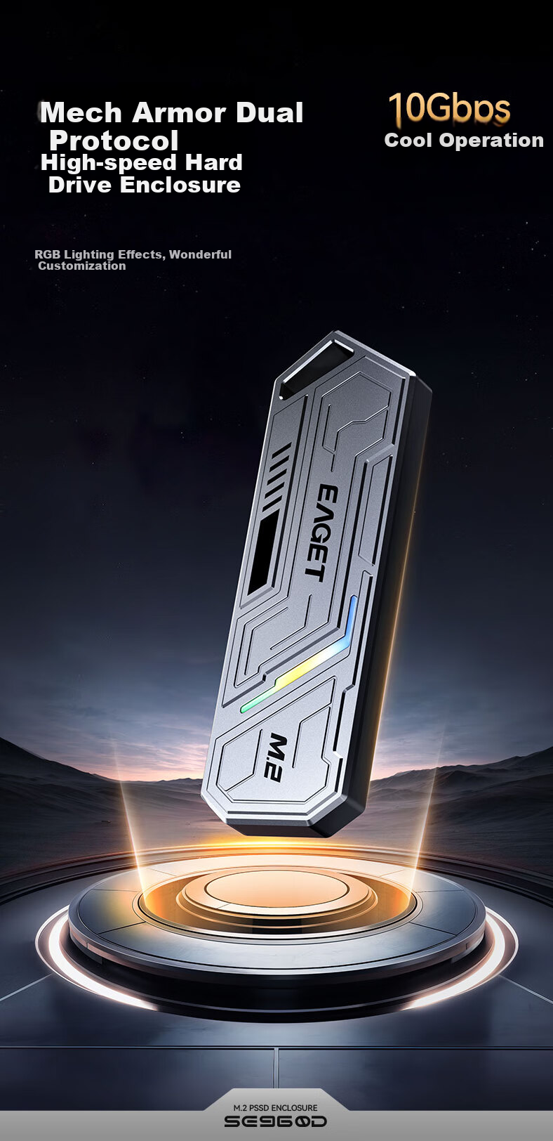 EAGET M.2 NVME/SATA Dual-Protocol SSD Enclosure, USB3.2/Type-C Interface, Compatible with Laptop And Desktop, External SSD Case SE960D 1