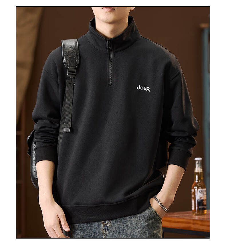 JEEP American-Style Sweatshirt for Men, Spring Trendy Semi-Turtleneck Zip-Up Top, Loose Casual Long-Sleeve T-Shirt for Men's Clothing 10