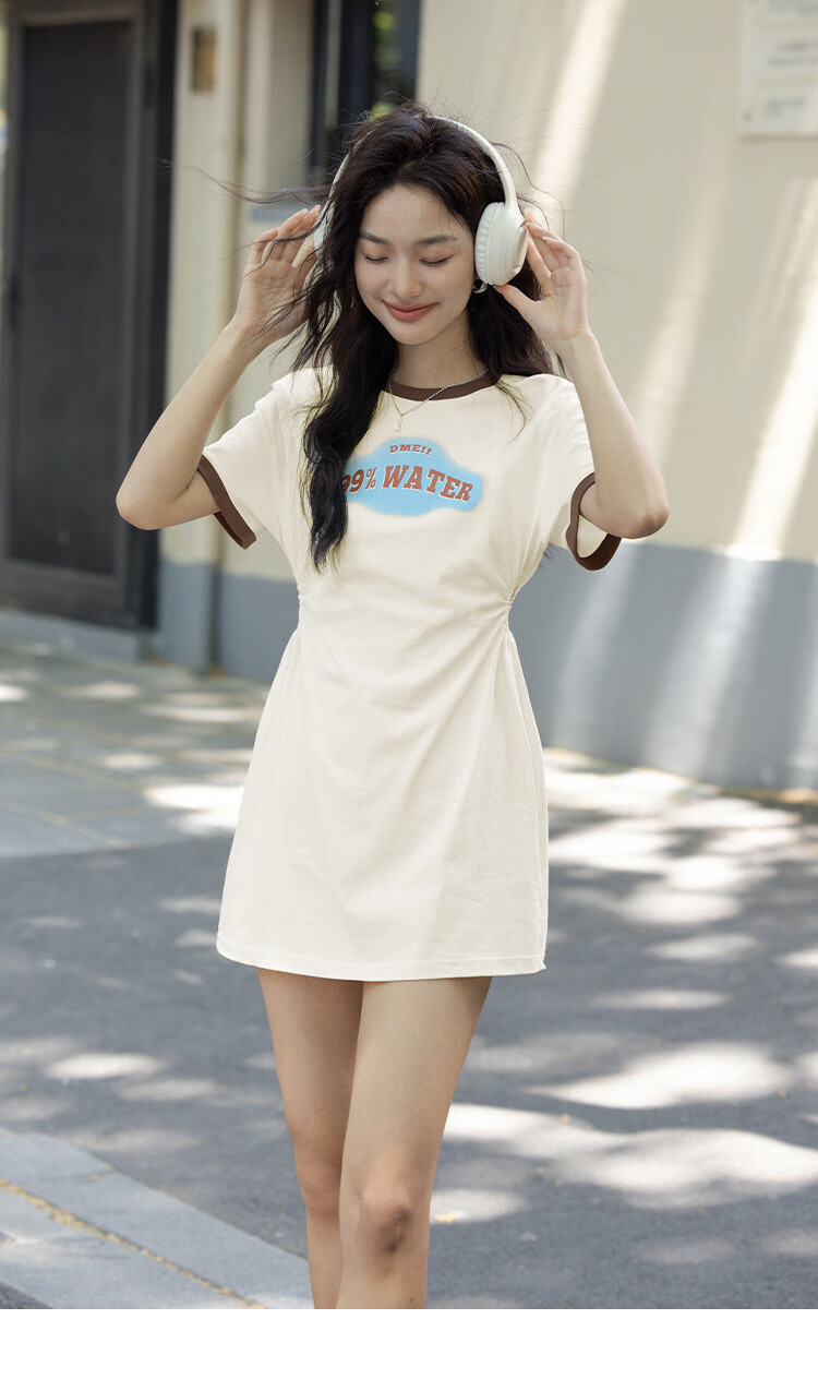 Dme [Low-Cut Dress] Summer Round Neck Short-Sleeve Dress with Hollow-Out Waist Desig 25