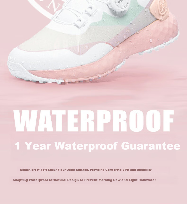 PGM Women's Waterproof Golf Shoes with Rotary Laces, Non-Slip Sneakers, Golf Cleats, White And Pink, Size 38 3