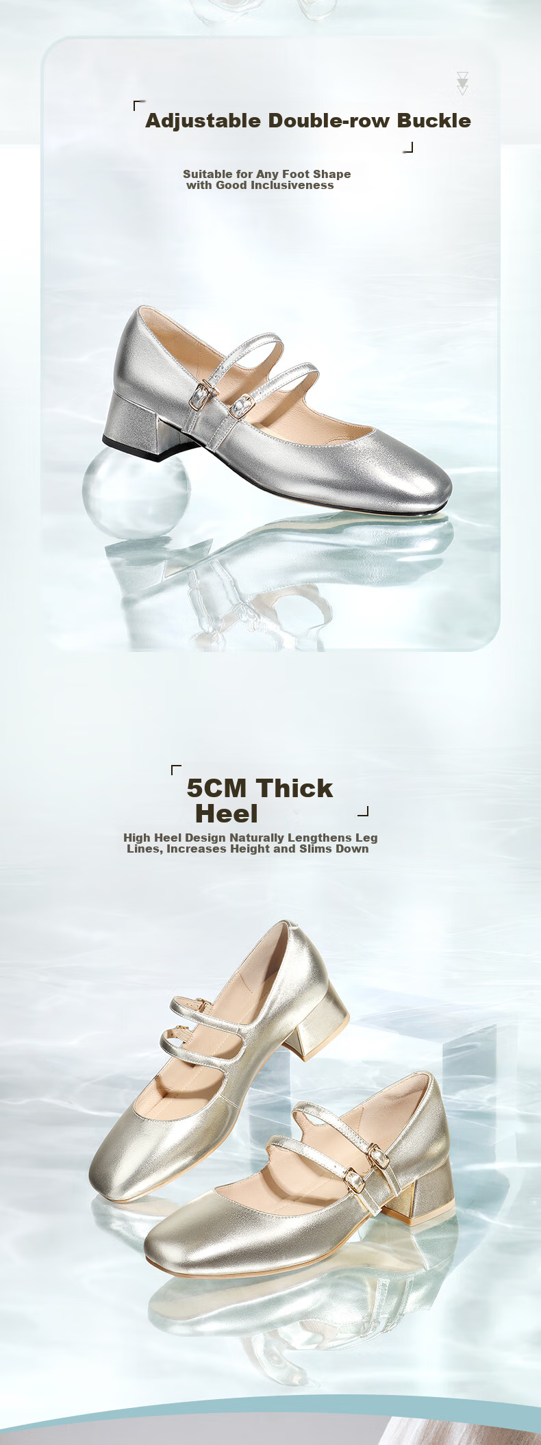 SENDA Mary Jane Women's Shoes, High Heels, Chanel-Style Genuine Leather Commuter Pumps, Ladies' Leather Shoes ZTA62AQ4, Silver, Size 40 4