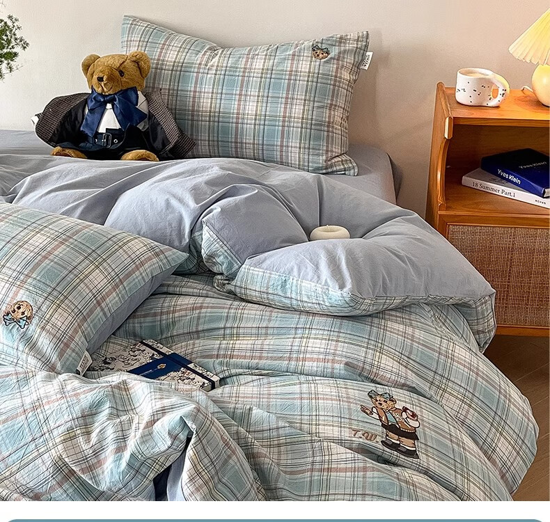 Teenie Weenie Cotton Bedding Set, Pure Cotton Class A 100% Cotton Washed Bed Sheet, 1.8m Double Bed Duvet Cover, Casual College Style 20