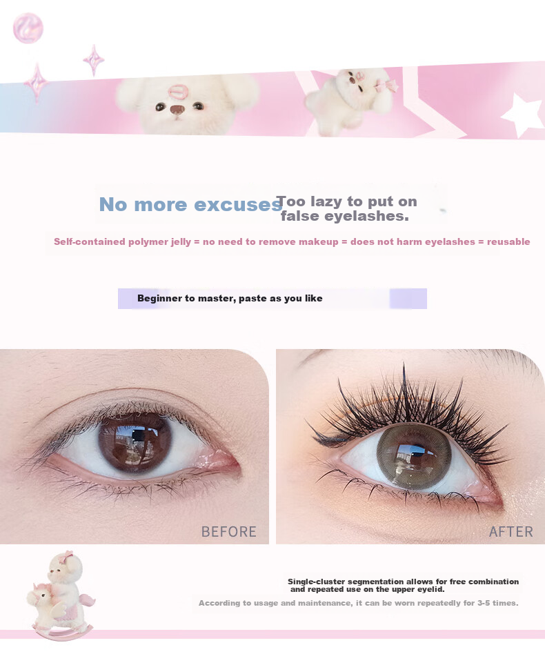 FLORTTE Glue-Free False Eyelashes, Segmented Self-Adhesive Eyelashes, Natural, Removable, Beginner-Friendly, Qixi 04# Natural Beauty 5