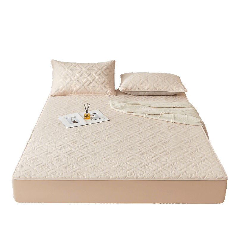 I-WILL Brushed Cotton Quilted Double Mattress Protector Single Piece Spiral Grid Waterproof Quilted Fitted Sheet Khaki 150x200cm
