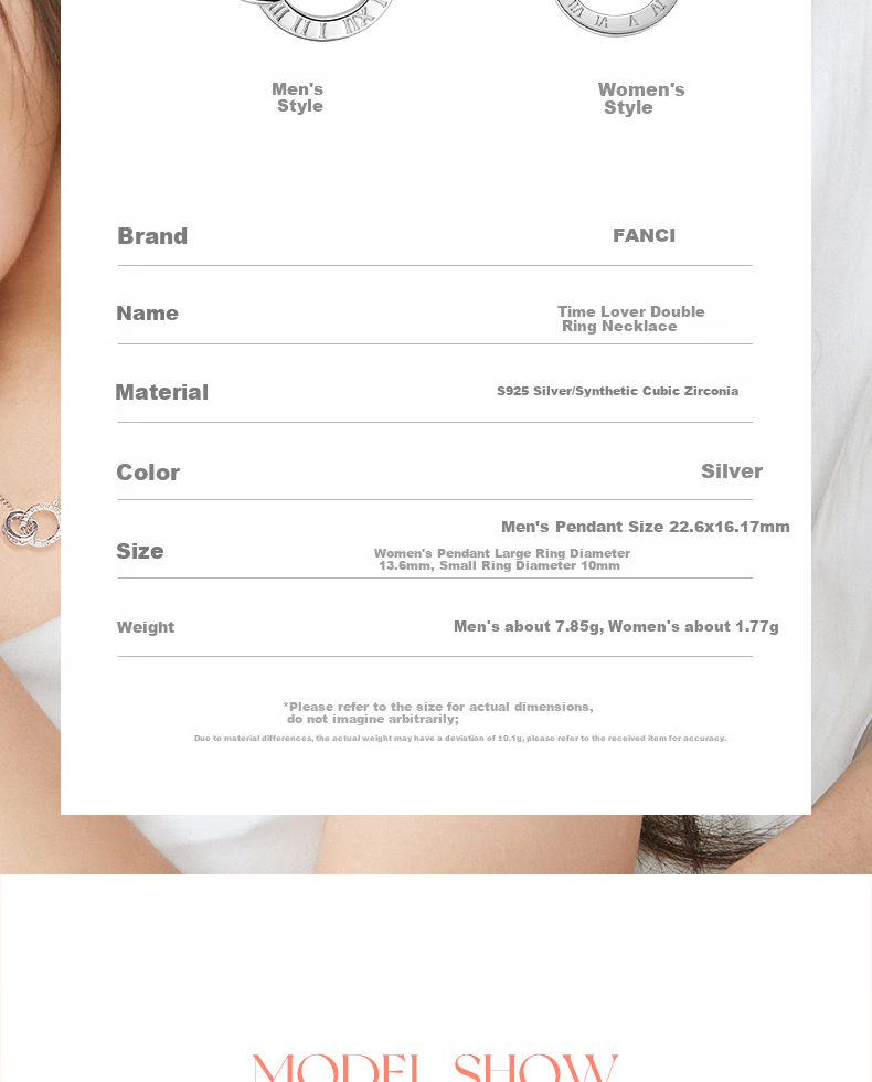 FanciFanci Time Lover Silver Necklace for Women Double Ring Pendant Clavicle Chain Luxury Birthday Gift for Girls 6