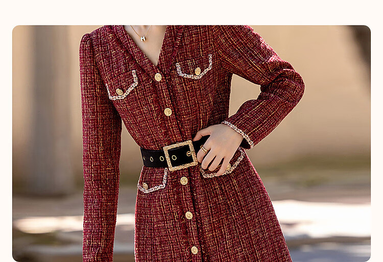 Dme [Qianjin Madeleine] Winter Socialite Little Chanel Style V-Neck Tassel Frayed Ribbon A-Line Mid-Length Dress for Women 4