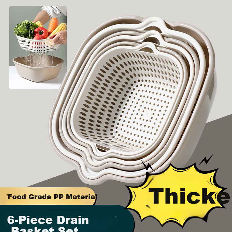 BJ Double-Layer Draining Basket, Plastic Draining Basket, Vegetable Washing Basin, Fruit Plate, Household Stackable Storage Basket, 6-Piece Set