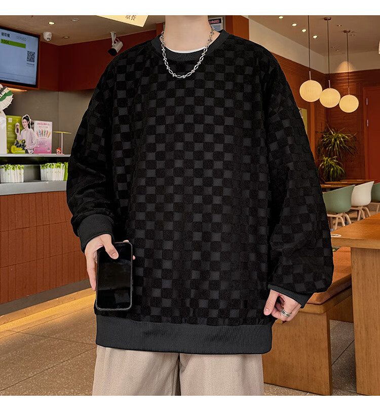 Dingfengbaoluo Japanese-Style Plaid Crew Neck Sweatshirt for Men, Spring Loose-Fitting High-End Casual Base Layer Top DFL77 Black XL 16