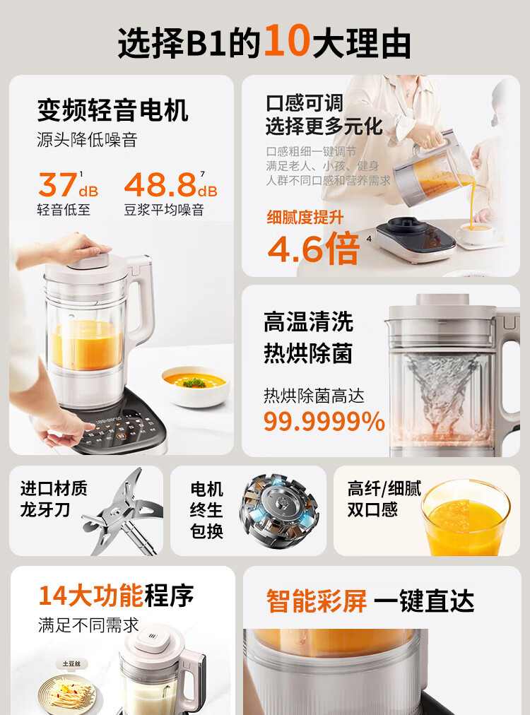 Joyoung Home Quiet Blender, 1.75L Large Capacity Juicer, Soy Milk Maker, Food Processor, Adjustable Texture, Multiple Noise Reduction Layers, Double-Layer Soundproofing, Variable Frequency Quiet B1 (2025) 1