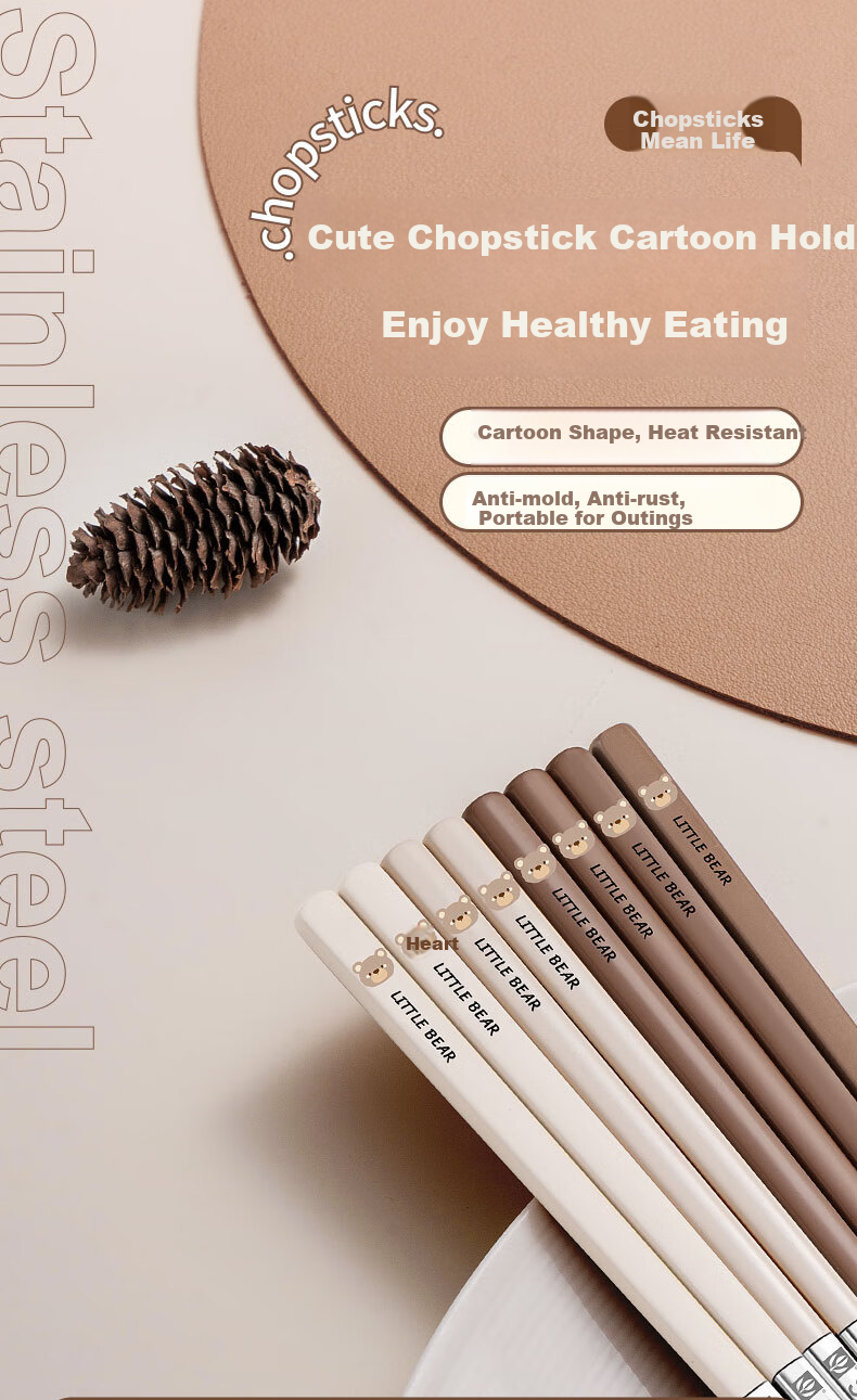 GuofengG 316 Stainless Steel Chopsticks, Non-Slip Heat-Resistant Anti-Mold Household Public Chopsticks Cartoon Tableware Bear Chopsticks 5 Pairs Set 1