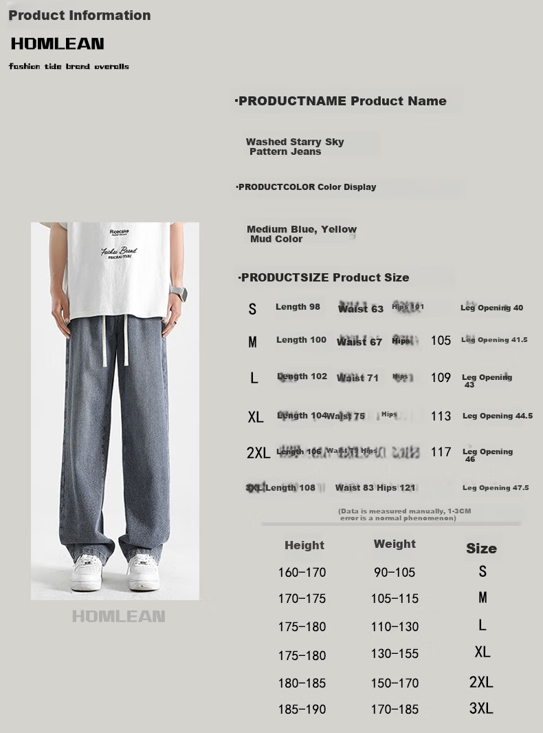 Homlean Vintage Jeans for Men, Summer Starry Sky Pattern, Fashionable Versatile Loose Straight Casual Trousers, 8021 Medium Blue 3XL 2