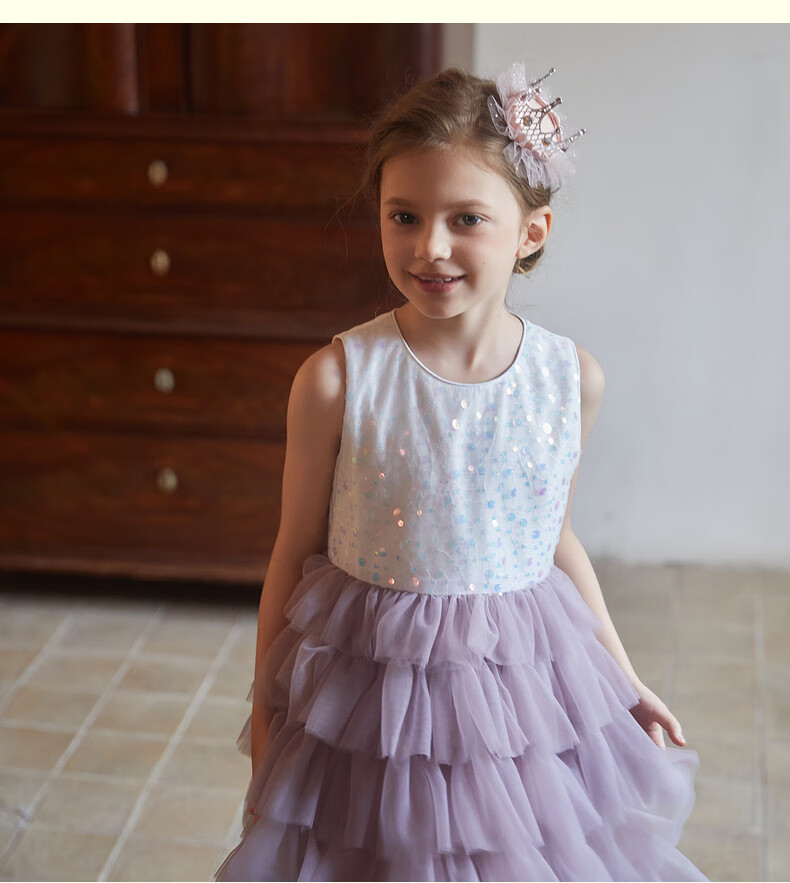 Follow Me Girls' Sleeveless Dress Summer Sequin Tulle Cake Skirt Sweet Princess Dress for Little Girls White/blue 110 5