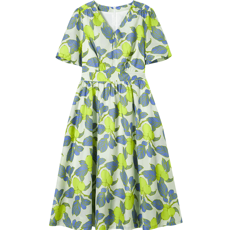 DME Elegant Printed Waist-Cinching Dress Summer Intellectual Commuter V-Neck Mid-Length Dress for Women