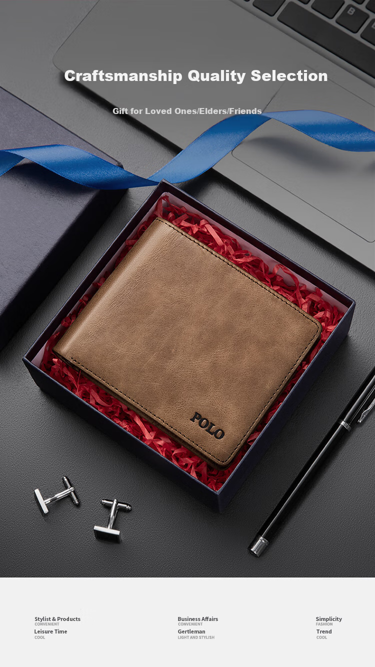 POLO Wallet for Men, Top-Grain Leather Billfold with Multiple Card Slots, Driver's License Holder, Short Bifold Wallet, Gift Box, Birthday Present 1